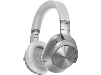 Åbent hi-fi hovedsæt Technics EAH-A800 sølvfarvet, set fra venstre profil, oval hovedbøjle og ørepuder i lys grå, kromdetaljer