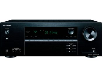Ampli home-cinéma Onkyo TX-SR393DAB noir, face avant, vue de face, affichage vert, boutons et molettes argentés