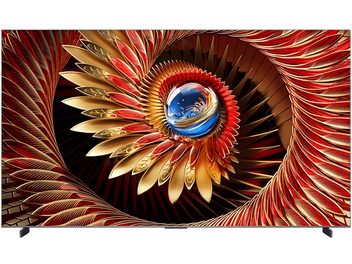 Téléviseur haute définition TCL 98C8K noir à cadre ultra-fin en métal, vue de face, grand écran de 98 pouces reposant sur deux pieds d’angle