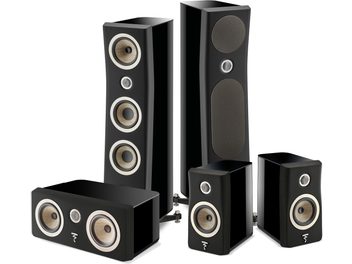 Pack Focal Kanta N°3, 2 kolumner, 1 central och 2 bibliotek, 3/4-vy, finish i svart lack/svart matt, flätade membran