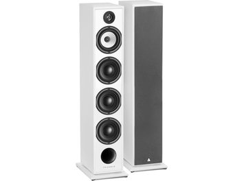 Enceinte colonne Triangle Borea BR09 blanc laqué, vue de face et de profil, 5 haut-parleurs circulaires noirs sur façade blanche
