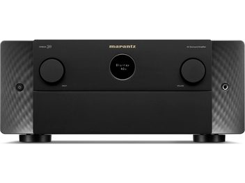 Ampli home-cinéma Marantz Cinema 30 noir, vue de face, façade noire avec écran LCD bleu, boutons et prises en façade