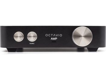 Στερεοφωνικός ενισχυτής hi-fi Octavio AMP, ματ μαύρη μπροστινή όψη, 3 περιστρεφόμενα ασημί κουμπιά, κεντρικό λευκό λογότυπο