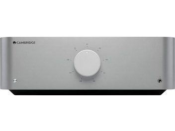 Amplificatore hi-fi stereo Cambridge Audio EDGE A grigio metallizzato, vista frontale, manopola rotante centrale, pannello frontale minimalista