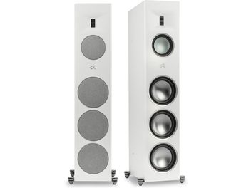 Enceinte colonne MartinLogan Motion XT F200 blanc mat avec quatre haut-parleurs circulaires et un tweeter rectangulaire vertical