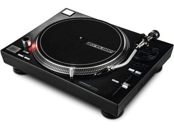 Giradischi Reloop RP 7000 MK2 nero, vista dall'alto, piatto circolare nero, braccio di lettura argentato, pulsanti e manopole di regolazione sul telaio