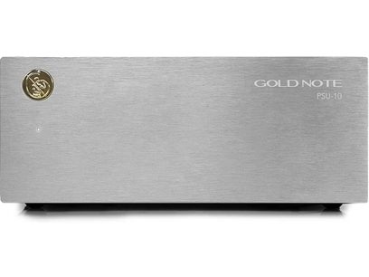 Fuente de alimentación separada Gold Note PSU-10 plateada, caja rectangular de metal cepillado, logotipo dorado en la parte superior izquierda
