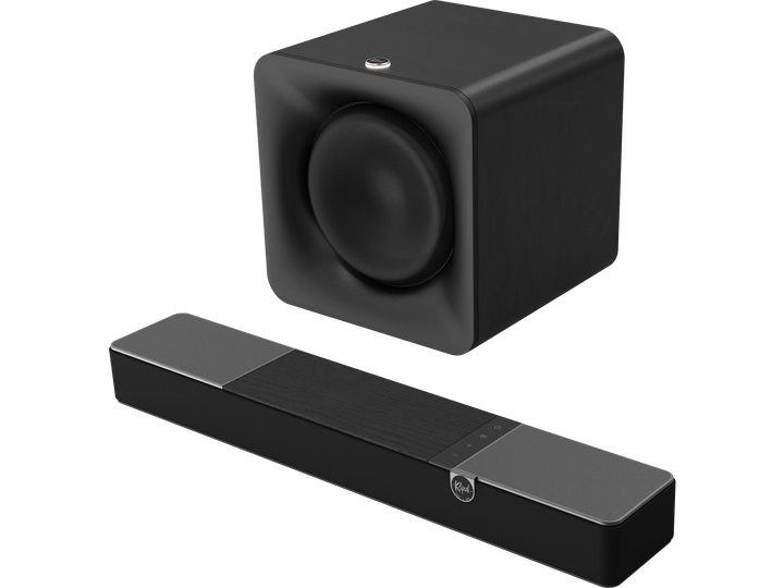 Barre de son noire avec caisson de basses cubique noir, vus de face sur fond blanc