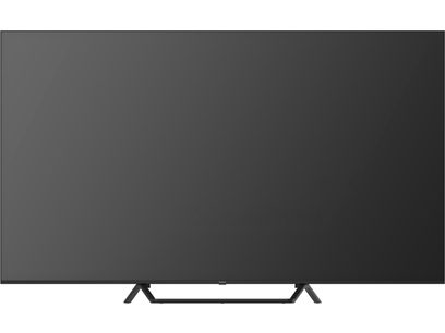 Panasonic TV-75W95BEG high-definition television in black, large flat screen with thin metal frame, front view with double V-shaped central stand