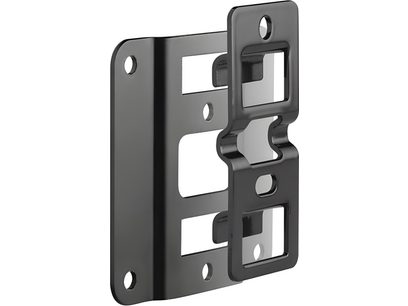 Charnière en métal noir mat avec deux parties rectangulaires articulées, comportant quatre trous carrés et une encoche en U