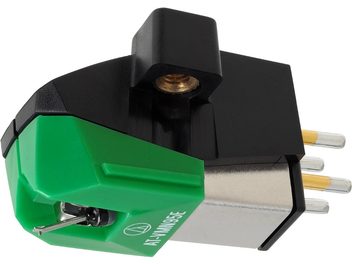 Audio Technica AT-VM95E sort pickup, sort krop, gennemsigtig grøn nåleholder, forgyldte stifter på bagsiden
