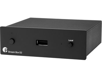 Stream Box S2 μαύρο, προοπτική όψη, ορθογώνια θήκη, μπροστινή όψη με περιστροφικό κουμπί αριστερά, κεντρική θύρα USB, κουμπί δεξιά