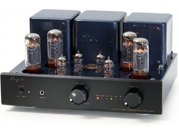 Cayin CS-55A EL34 black stereo tube integrated amplifier, black metal chassis seen from a three-quarter front angle, featuring three dark lacquered transformer covers, eight visible tubes on top, and a brushed front panel with large volume and selector knobs