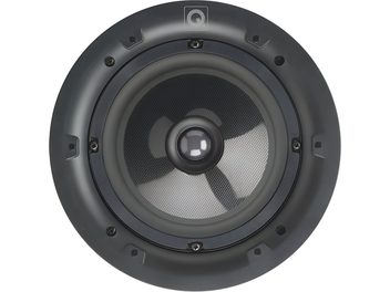 Enceinte encastrable au plafond Q Acoustics Qi65CP noire en plastique avec membrane en fibre composite et dôme tweeter central, vue de face