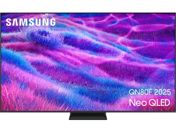 Samsung QN80F 2025 Neo QLED TV, mat sort ramme med ultratynde kanter i metal eller plast, set forfra med sort, rektangulær centerfod