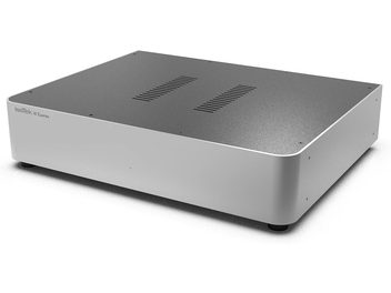 Conditionneur secteur IsoTek V5 ELEKTRA argent, boîtier rectangulaire, coins arrondis, surface supérieure grise avec 2 grilles d’aération