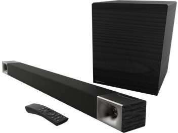 Μαύρη ηχοβαρα Klipsch Cinema 600 με ασύρματο υπογουφερ και τηλεχειριστήριο, μπροστινή όψη