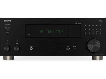Onkyo TX-RZ30 black home theater amplifier, front view, central display, circular buttons, visible headphone and USB ports