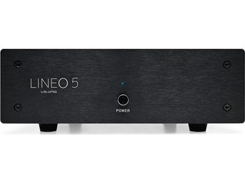 Eraldi toide HI-FI elektroonikale Volumio Lineo5, esivaade, must ristkülikukujuline korpus, keskmine nupp, 4 kruvi
