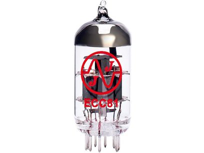 Lampe électronique ECC81 en verre transparent, avec électrodes et filaments métalliques visibles, socle noir à broches