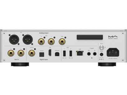 Hõbedase halli alumiiniumkorpusega Matrix Audio TS-1 võrguheli mängija tagavaade, millel on kullatud XLR- ja RCA-pistikud, USB-, HDMI ARC-, optiline ja LAN-port, Trigger-pesad, DC-sisend ning toitepistik