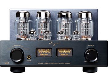 Cayin Jazz 80 KT88 black stereo tube integrated amplifier, brushed metal casing, front view, featuring two large black knobs, two orange backlit VU meters, and eight visible tubes