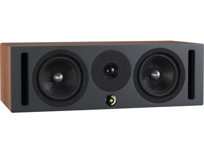 Centerhøjttaler Davis Acoustics Krypton C Classik valnød, set forfra, 2 cirkulære højttalere, 1 central diskant, 2 lodrette basrefleksporte