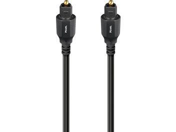 Czarny plastikowy cyfrowy kabel optyczny Audioquest Pearl optyczny 5 m, złote złącza Toslink oznaczone PEARL, widok z przodu