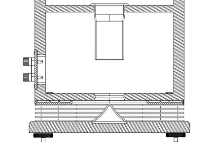 Vue en coupe transversale d'un dispositif rectangulaire avec parois striées, connecteurs latéraux, base nervurée et élément central