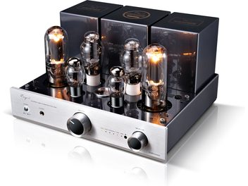 Cayin CS-845A Reference silver brushed metal stereo tube integrated amplifier, three-quarter front view, silver front panel with two black knobs, headphone jack and indicator lights, anthracite gray top plate holding six illuminated glass tubes and three transformer covers