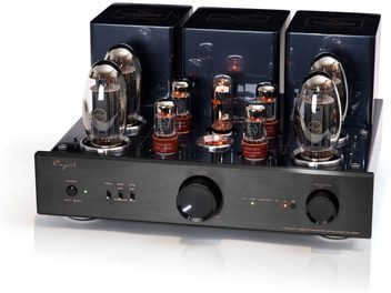 Cayin CS-150A black stereo tube integrated amplifier, brushed metal casing with eight visible glass tubes including two lateral KT150s, three transformer covers at the rear, three-quarter front panel featuring a power button, three toggle switches, a large central volume knob, and a rotary selector