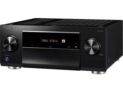 Ampli home-cinéma Pioneer VSX-LX505 noir, vue de face, afficheur bleu "IMAX DTS:X", boutons et prises en façade