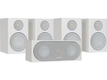 Pack d'enceintes Monitor Audio Radius R90 + R200 blanc satin, 5 enceintes compactes rondes et 1 enceinte centrale rectangulaire