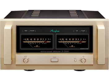 Ampli hi-fi intégré stéréo P-7500, vue de face, finition dorée, 2 grands vumètres noirs, boutons circulaires en bas