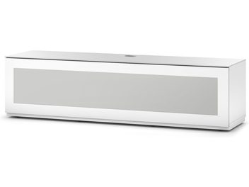 Meuble TV bas rectangulaire blanc laqué brillant, sans poignées apparentes, avec niche centrale ouverte