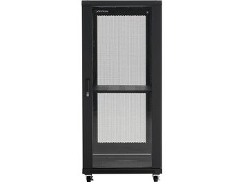 Norstone Pro Rack 27U sort it-skab med perforeret bikubemønstret frontdør, sidehåndtag og synlige hjul
