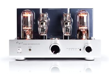 Cayin CS-805A silver brushed aluminum stereo tube integrated amplifier, front view, featuring four visible incandescent tubes, two large circular knobs, headphone jack, and aligned indicator lights