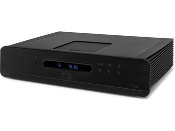 Atoll Electronique DR400 Evolution high-fidelity CD player in black, brushed aluminum casing with a rectangular top-loading tray, front panel featuring a blue digital display, four round buttons, and side cooling fins, three-quarter front right view