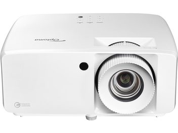 Vidéoprojecteur Optoma UHZ66 blanc, vue de face, objectif centré, grilles d'aération latérales, 3 molettes de réglage sur le dessus