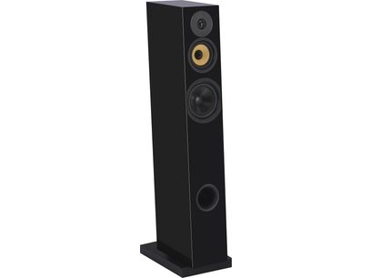 Enceinte colonne Davis Acoustics Courbet n°7 noir laqué, vue en perspective, face avec 3 haut-parleurs circulaires et évent rond