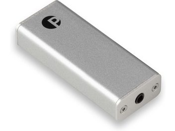 Bærbar DAC-lydomformer DAC Box E mobile sølv, rektangulært metalhus, perspektivvisning, lydstik på fronten