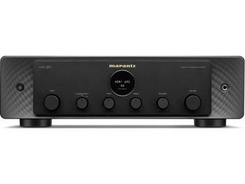 Front view of Marantz Model 40n black stereo hi-fi amplifier, brushed aluminum faceplate, OLED display, control buttons and knobs