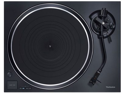 Platine vinyle Technics SL-1500CEG-K noire, vue de dessus avec bras de lecture, plateau et boutons de commande