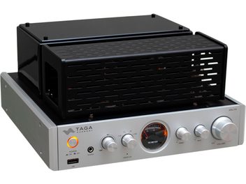 Ampli hi-fi à tubes Taga Harmony HTA-25B argent, face avant avec boutons, prises et vu-mètre, capot supérieur noir