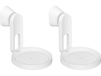 Dva bela stenska nosilca za zvočnike Sonos Era 100, prikazana s sprednje in stranske strani, s krožno podnožje in ukrivljeno roko