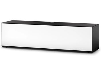Meuble TV bas rectangulaire noir et blanc, porte coulissante blanche, vue de face
