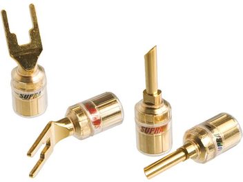 Quattro connettori a banana e forcelle Supra CombiCon Set in ottone dorato, con terminali cilindrici e forcelle a fessura, visti frontalmente su sfondo bianco