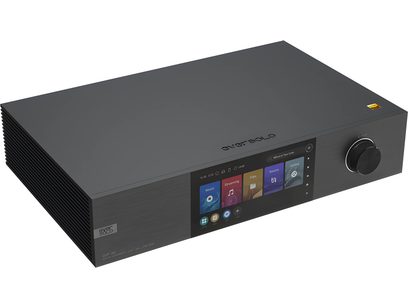 Lecteur audio réseau EverSolo DMP-A8 noir, face avant avec écran couleur, boutons et molette, vue de face