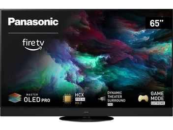Panasonic TV-65Z90AEG højdefinitionsfjernsyn, 65-tommer skærm, set forfra, logoer fire tv, Master OLED Pro, HCX Pro AI MK II, Dynamic Theater Surround Pro, Game Mode Extreme