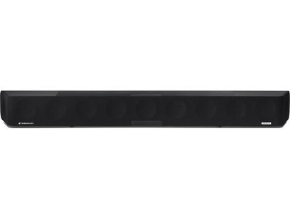 Soundbar Sennheiser AMBEO Soundbar Max nera, vista frontale, griglia metallica forata, display, logo bianco